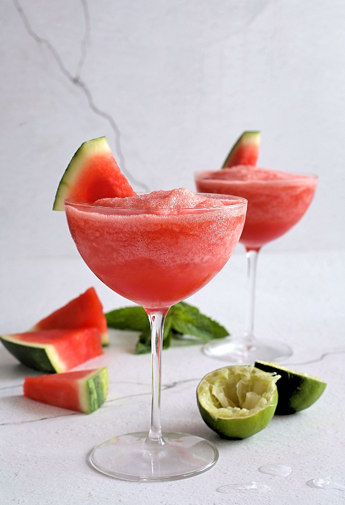 Watermelon-Frosé-1 Recipe for a frozen cocktail with rosé wine and fresh watermelon.