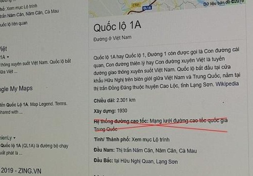 Google ghi quốc lộ 1A thuộc mạng lưới cao tốc Trung Quốc?