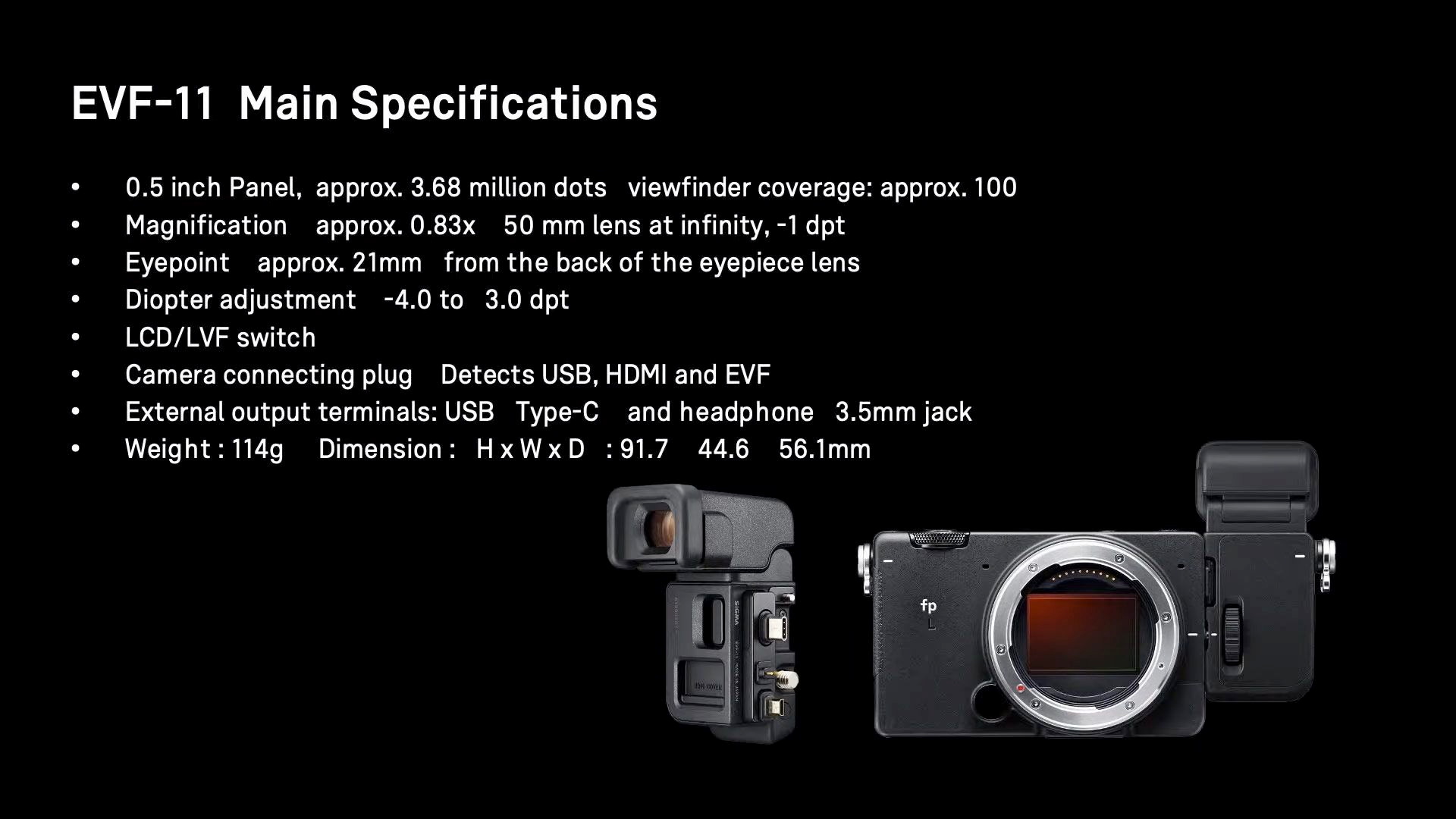 Параметры видоискателя Sigma EVF-11