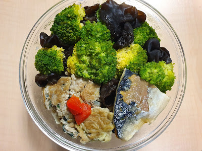 今日午餐：黑木耳、鯖魚、水果椒、九層塔炒蛋、青花菜，2021.02.22