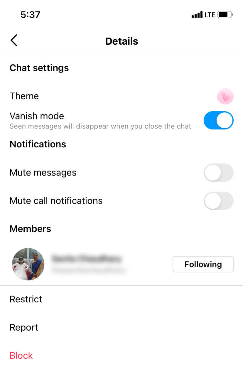 Turn on vanish mode from chat details Turn on vanish mode on Instagram from chat details page