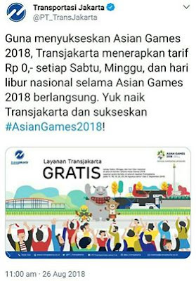 Trans Jakarta Gratis 6, 7 dan 13 Oktober 2018