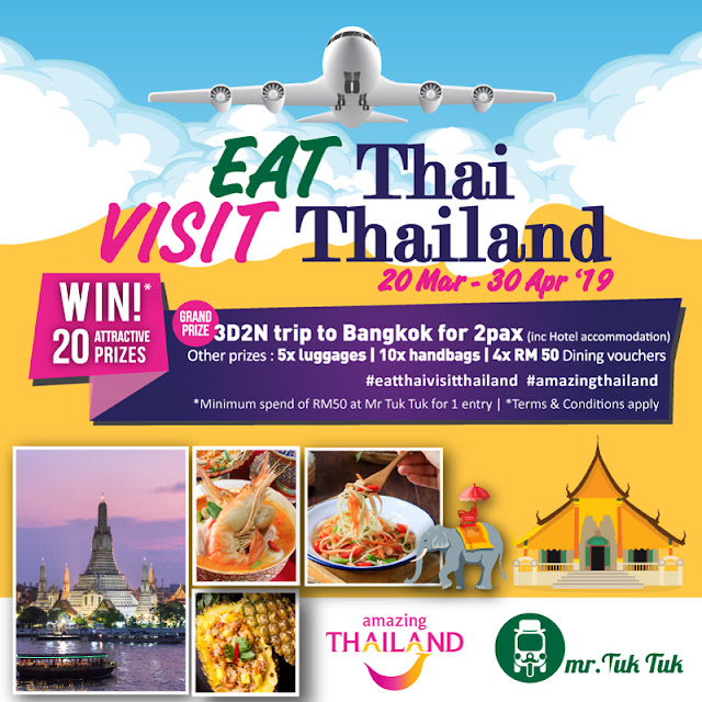MAKAN THAI, LAWAT THAILAND 2019 - Kalau korang ada baca blog mummy sebelum ini << SINI >> , mummy ada war-warkan tentang EAT THAI, VISIT THAILAND 2019 UNTUK MENANGI TRIP KE BANGKOK ! Baru-baru ini, telah berlangsung pelancaran kempen “Makan Thai, Lawat Thailand 2019”, permulaan kolaborasi antara Pihak Berkuasa Pelancongan Thailand, Malaysia (TAT) bersama restoran-restoran di negara ini.   MAKAN THAI, LAWAT THAILAND 2019    Ini selari dengan kempen “Membuka Lembaran Baharu” dalam Amazing Thailand, yang menumpukan kepada lima sektor utama pelancongan bagi membantu pelancong-pelancong antarabangsa merasai pengalaman mengenai negara itu daripada perspektif baharu. Sektor tersebut termasuk; Gastronomi, Seni dan Kraf, Budaya Thai, Alam Semulajadi dan Gaya Hidup Thai.     Kempen “Makan Thai, Lawat Thailand 2019”, yang bermula dari 20 Mac hingga 30 April ini, adalah kolaborasi antara TAT dan kesemua lapan cawangan Mr Tuk Tuk di Malaysia. Restoran tersebut akan memperkenalkan beberapa sajian makanan dan minuman baharu sempena kempen. Makanan jalanan Thailand sangat popular dalam kalangan rakyat Malaysia dan Mr Tuk Tuk mengalu-alukan pengunjungnya dengan makanan halal Thai yang sedap dan berkualiti. Setiap sajian telah terbukti keenakkannya dan rasa yang autentik, dan sememangnya terdapat banyak restoran halal seumpama itu di Thailand.     Sepanjang kempen tersebut juga, pengunjung restoran yang membelanjakan lebih RM50 dalam satu resit di mana-mana lapan cawangan Mr Tuk Tuk akan berpeluang memenangi salah satu daripada 20 hadiah yang disediakan, antaranya lawatan PERCUMA ke Bangkok untuk dua orang termasuk penginapan hotel tiga hari dua malam; lima beg bagasi; 10 beg tangan dan empat baucer makan di Mr Tuk Tuk.       Pengarah TAT, Kuala Lumpur, Encik Ahman Mad-Adam, berkata: “Makanan Thai bukan sekadar satu sajian, sebaliknya ia adalah satu keterujaan yang seumur hidup. Ia umpama kisah cinta yang telah berakar umbi dalam budaya negara itu dan paling penting, di dalam keluarga. Kami percaya ia sama juga di Malaysia, yang mana masyarakatnya sangat suka makan dan makanan menyatukan rakyat. Ramai pelancong Malaysia yang melawat Thailand dengan tujuan untuk merasai makanan Thai.       “Tahun ini kami mempunyai Garis Panduan MICHELIN edisi terbaharu 2019, yang menjangkau hingga ke Phuket dan Phang-nga. Ini membuktikan bahawa Thailand mempunyai kepelbagaian makanan yang begitu luas untuk setiap orang daripada restoran bertaraf MICHELIN, makanan jalanan, makanan Halal hingga ke restoran mewah (fine dining) dan banyak lagi.      “Kami menerima 4 juta pelawat dari Malaysia pada 2018, iaitu merupakan jumlah tertinggi dalam rekod TAT-KL. Kami berterima kasih terhadap semua sokongan yang diberikan oleh rakyat Malaysia. Pada 2019 ini, kami akan terus bekerja keras untuk mempromosikan Thailand melalui apa juga cara dan berharap mampu menjangkau kumpulan audien yang lebih luas, sebagai contoh pelancong-pelancong muda atau generasi milinium, pencinta makanan, pelancong-pelancong mewah, pencinta kesihatan, pencinta sukan, pasangan bulan madu, dan sebagainya.”   Mengenai TAT:   Pihak Berkuasa Pelancongan Thailand atau Tourism Authority of Thailand adalah organisasi yang mempromosikan pelancongan Thailand, sebagai pemudah cara bagi pelancong, menyenggara lokasi-lokasi dan kemudahan pelancongan, serta membangunkan dan memelihara sumber-sumber pelancongan.   TAT mempunyai pejabat di Kuala Lumpur yang terletak di tengah ibu kota (Jalan Ampang) untuk membekalkan pelancong dengan maklumat dan memberi maklum balas terhadap segala bentuk pertanyaan mengenai pelancongan di Thailand.   Bagi maklumat lanjut mengenai TAT dan maklumat umum mengenai pelancongan di Thailand sila hubungi:     Ms. Chanatip Poti-on  PR Manager  Tourism Authority of Thailand, Malaysia  Suite 22.01, Level 22, Menara Citibank  165, Jalan Ampang, 50450 Kuala Lumpur   Tel: (603) 2162 3480  Fax: (603) 2162 3486  Email :info@tourismthailand.my
