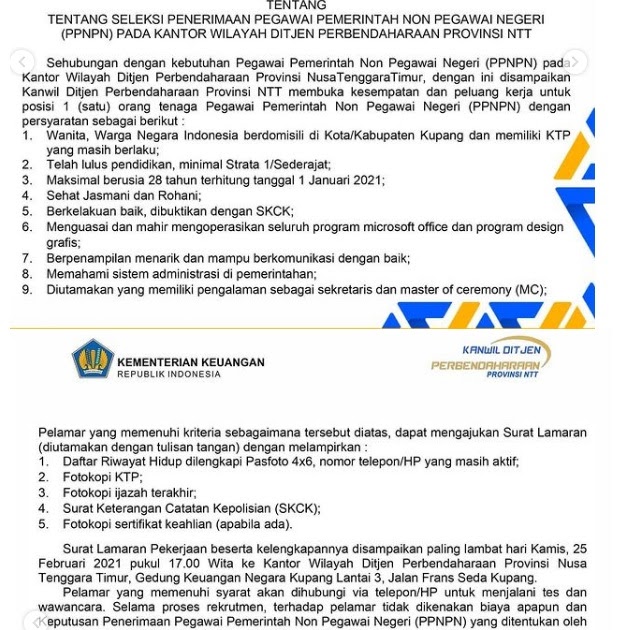 Lowongan Kerja Pegawai PPNPN Kanwil Ditjen Perbendaharaan Kementerian