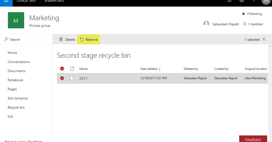 SharePoint Online Restore Deleted Subsite from Recycle Bin using