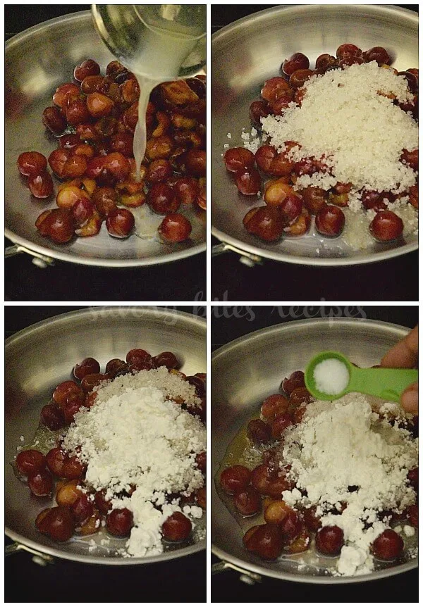 steps to make cherry filling -  a pan with fresh pitted cherries,lemon juice,sugar,cornstarch,salt