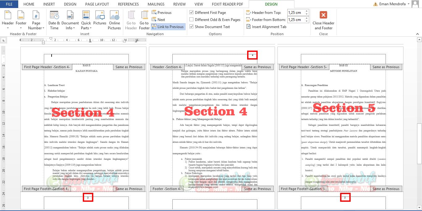 Mengatur nomor halaman section 4 dan 5 Mengatur nomor halaman section 4 dan 5