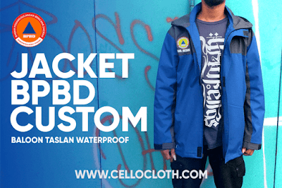Produksi Jacket Waterproof Bahan Anti Air BPBD Kombinasi Abu Tua Oranye dan Biru Benhur