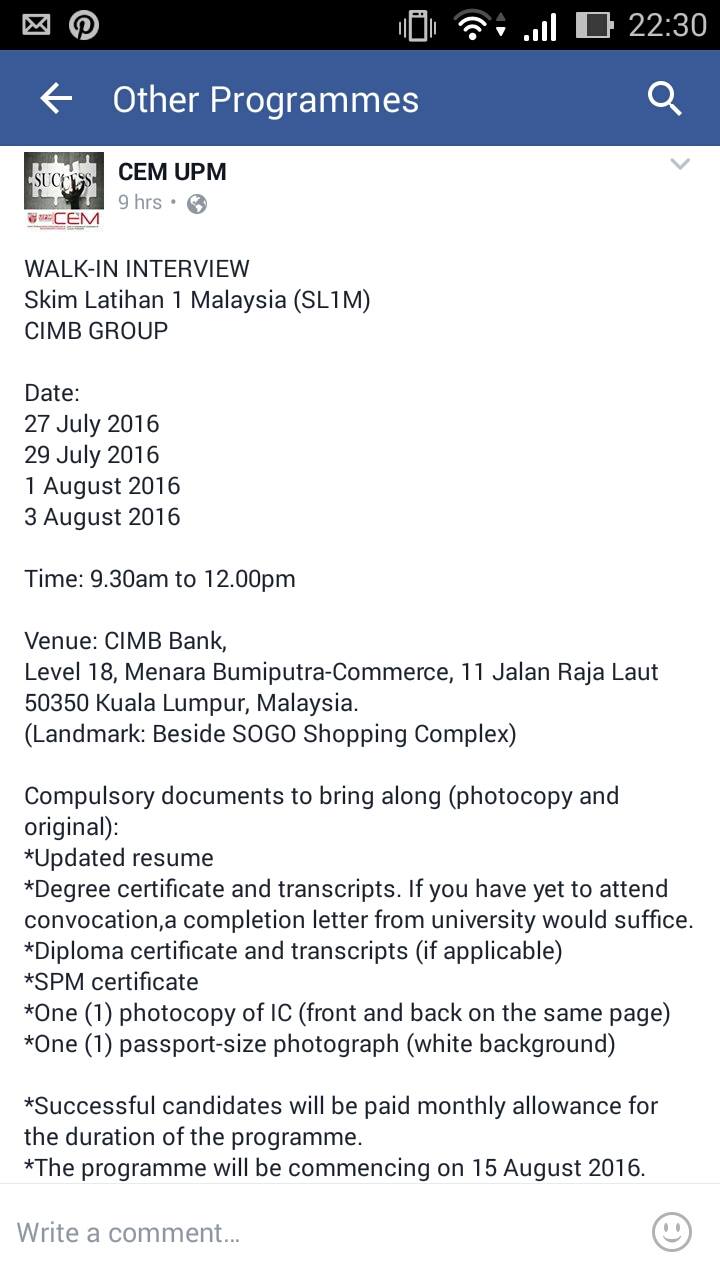 Skim Latihan 1 Malaysia (SL1M) CIMB GROUP WALK-IN INTERVIEW