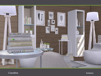 Carolina для The Sims 4 Набор для ваших гостиных. Включает 15 объектов, имеет черно-белую палитру. Предметы в наборе: - диван - кресло - тумбочка - кофейный столик - два вида подушек - место хранения - книжный шкаф - два вида шкафов - буфет - торшер - два вида картин - коврик Автор: soloriya