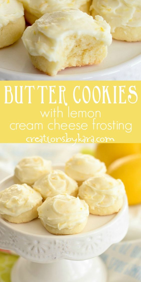 Butter Cookies with Lemon Cream Cheese Frosting - these incredible cookies just melt in your mouth! It's hard to resist these tasty butter cookies, and the lemon cream cheese frosting is amazing. #buttercookies #lemonbuttercookies #lemoncookieswithlemonfrosting #shortbreadcookies #egglessbuttercookies #creationsbykara