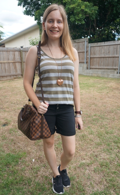 Away From Blue  Aussie Mum Style, Away From The Blue Jeans Rut: Olive And  Black Striped Tanks and Shorts Outfits With LV Speedy Bandouliere