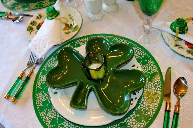 St. Patrick's Day Table Setting Tablescape with Shamrock Plates and Shamrock Chargers