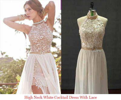 High Neck White Cocktail Dress With Lace