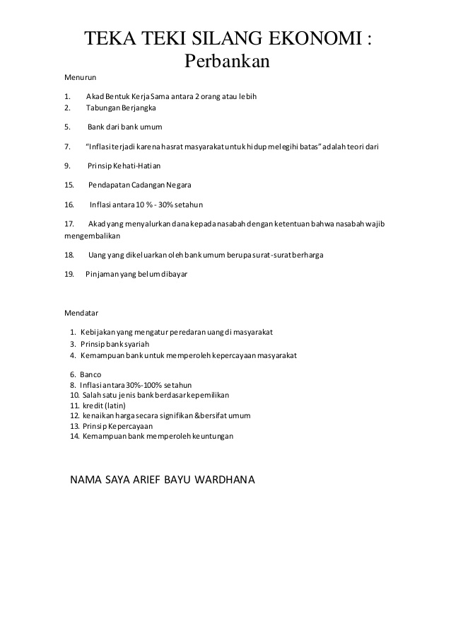 Soal Teka Teki Silang Materi Perbankan Ekonomi