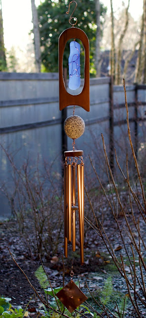 Old growth red cedar, blue glass, natural beach stone, copper wind chime by Coast Chimes