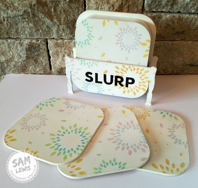 Vibrant stencilled coasters by Sam Lewis AKA The Crippled Crafter.