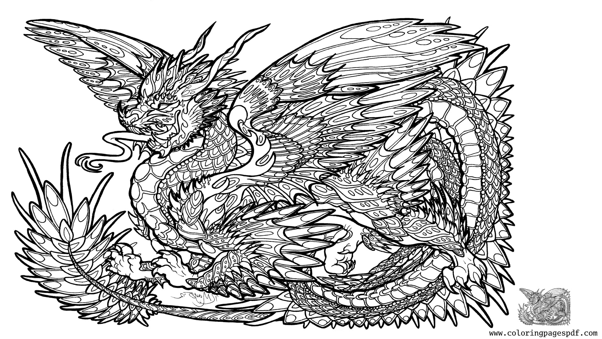 Coloring Page Of A Really Detailed Dragon