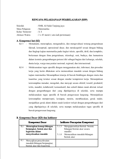 Rencana Pelaksanaan Pembelajaran Rpp Matematika Kd 3 1 Kelas X Al Fatih