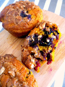 Blueberry Pumpkin Muffins with an Almond Oat Streusel:  Tender savory pumpkin flavored muffins bursting with bright blueberries and topped with the most decadent almond oat streusel! - Slice of Southern
