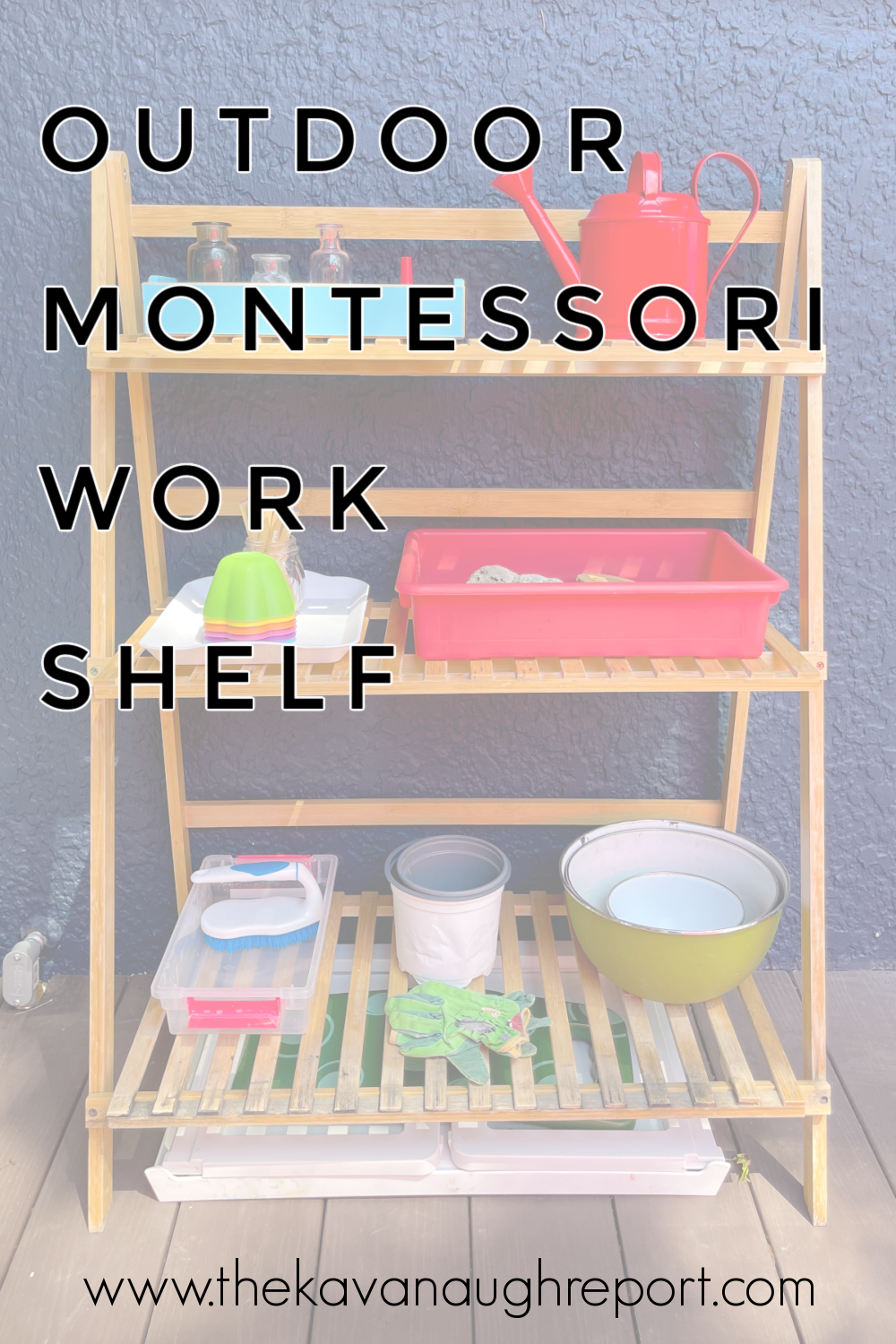 Montessori activity ideas for outdoor work shelves for preschoolers and toddlers. Easy, fun Montessori work for summer.