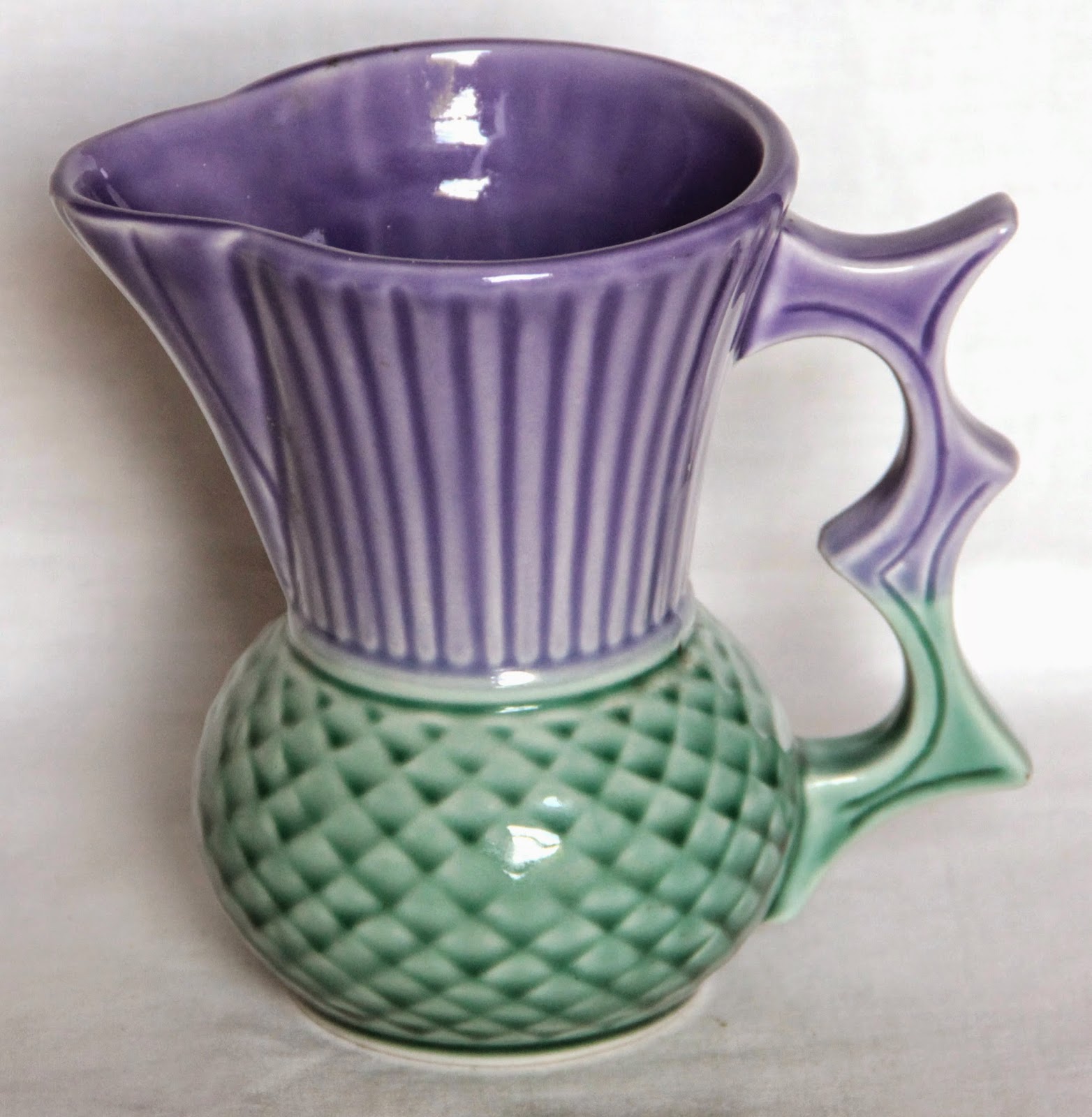 Curio Gifts Vintage Scottish Pottery Green & Purple Thistle Jug