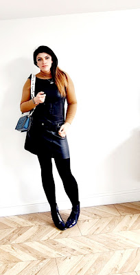 Ootd fashion for mums leather pinafore dress patent ankle boots rollneck quilted YSL bag winter spring outfits