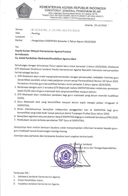 Direktorat Jenderal Pendidikan Islam Kementerian Agama menerbitkan surat edaran terkait de Edaran Pengelolaan Simpatika Semester 1 2019/2020