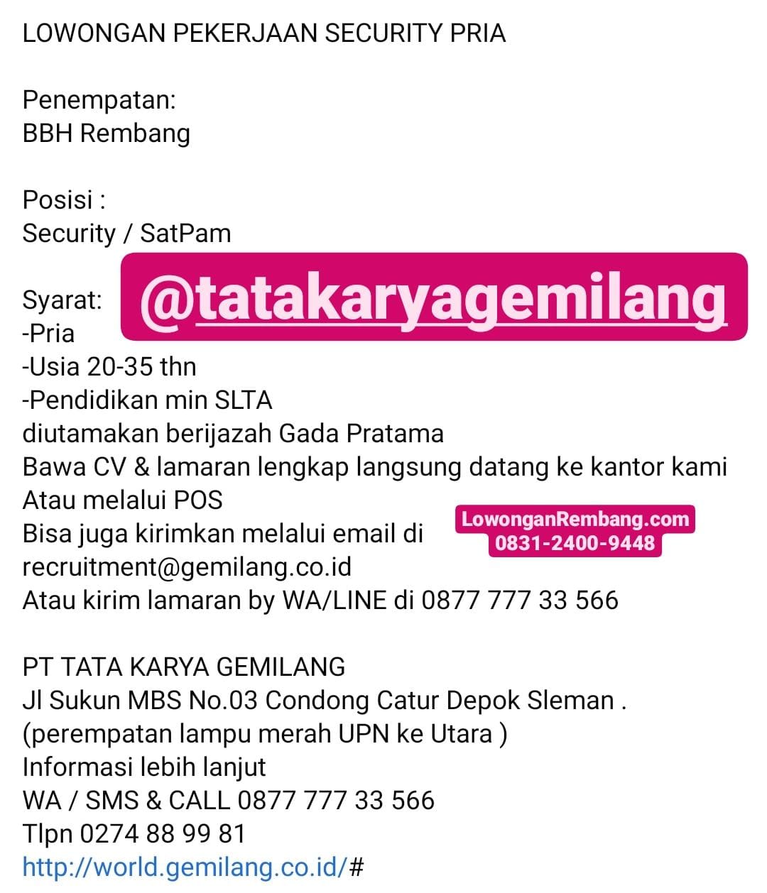 Lowongan Kerja Satpam PT Tata Karya Gemilang Penempatan Rumah Sakit