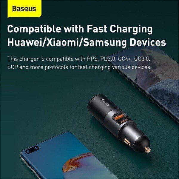 Tẩu sạc nhanh mở rộng 120W Baseus Share Together Fast Charge dùng cho xe hơi (120W, TypeC - USB Port, QC / PD3.0 Car Quick Charger with Cigarette Lighter Expansion Port ) Type C - USB