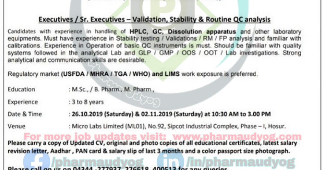 Micro Labs Walkin interview at Hosur for QC on 26 Oct & 2 Nov 2019