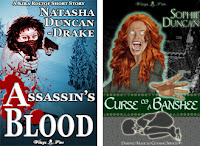 Two books covers - one with a woman firing guns above the title "Assassin's Blood" the other with a woman screaming and glowing with the title "Curse of a Banshee"