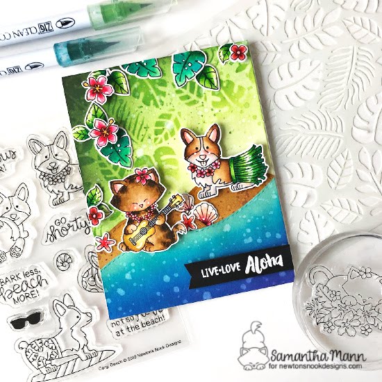Live, Love, Aloha Card by Samantha Mann | Aloha Newton Stamp Set, Corgi Beach Stamp Set, Tropical Leaves Stencil and various other products from Newton's Nook Designs #newtonsnook #handmade