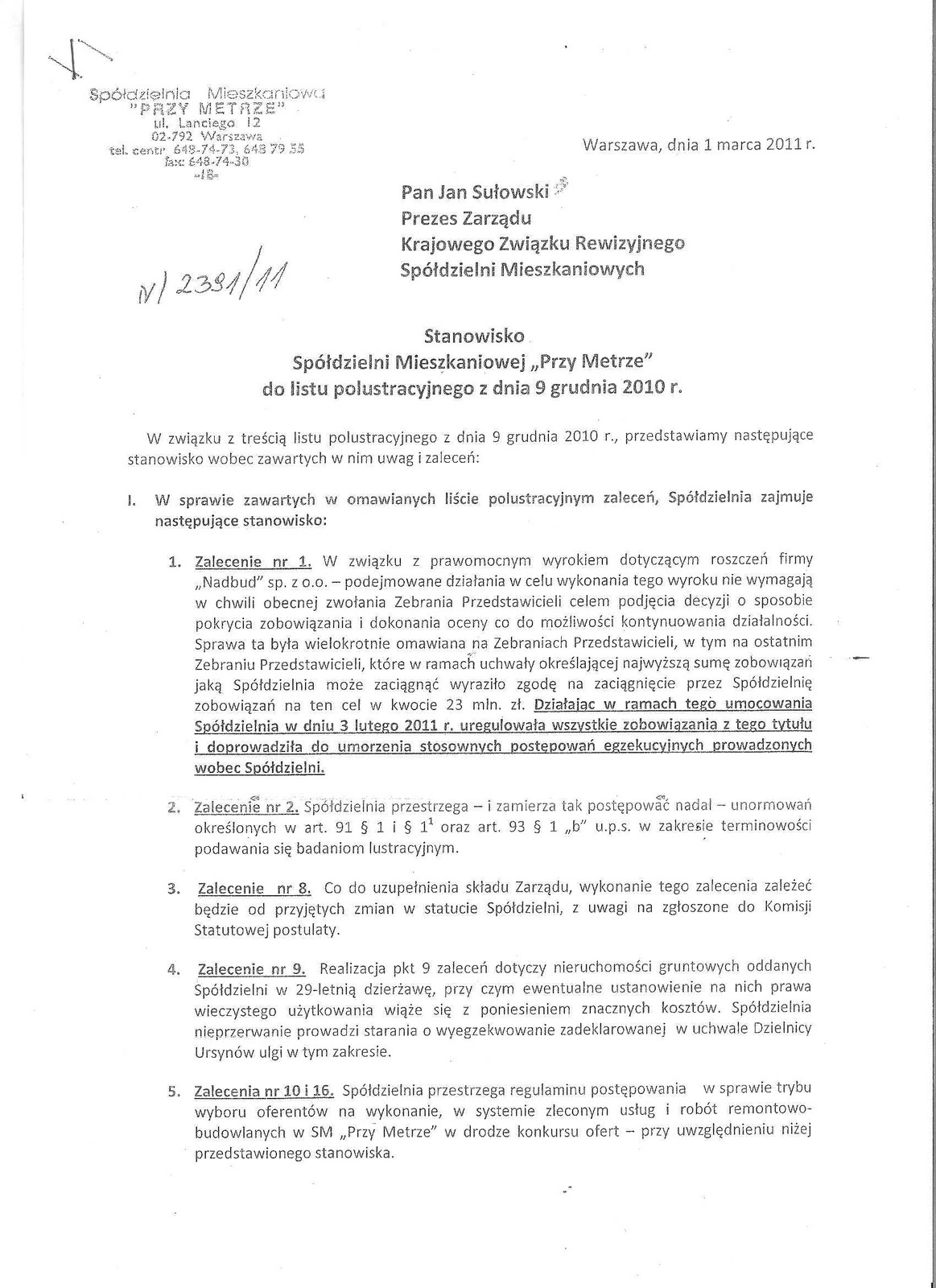 Skarga Do Spółdzielni Mieszkaniowej Wzór Marek Wojtalewicz - były Przewodniczący Rady Nadzorczej Spółdzielni