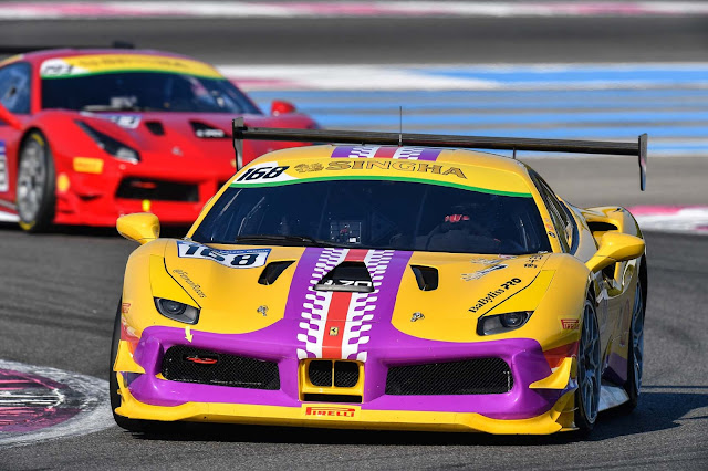 yellow- pink 488 Challenge car at the Paul Ricard Circuit