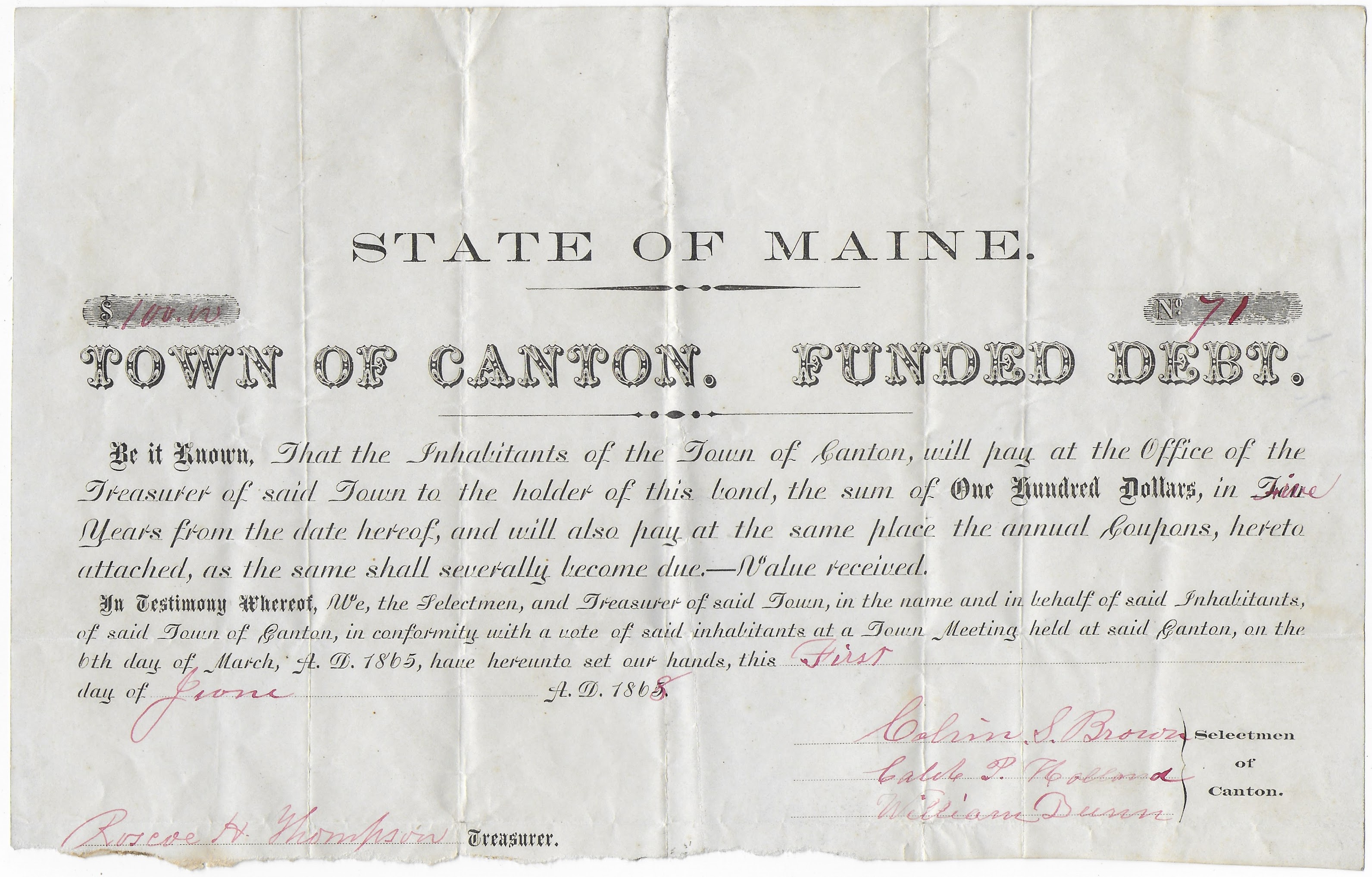 Heirlooms Reunited 1868 Canton, Maine Bond Selectman Calvin S. Brown
