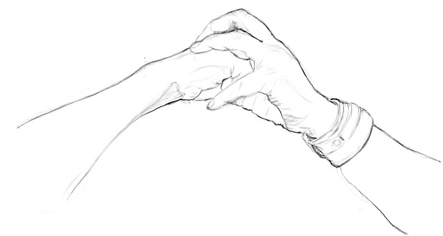 A simple digital pencil sketch of two hands and forearms. The one on the right is constraining the fist of the one on the left. The one on the right is wearing chunky wrist bands.