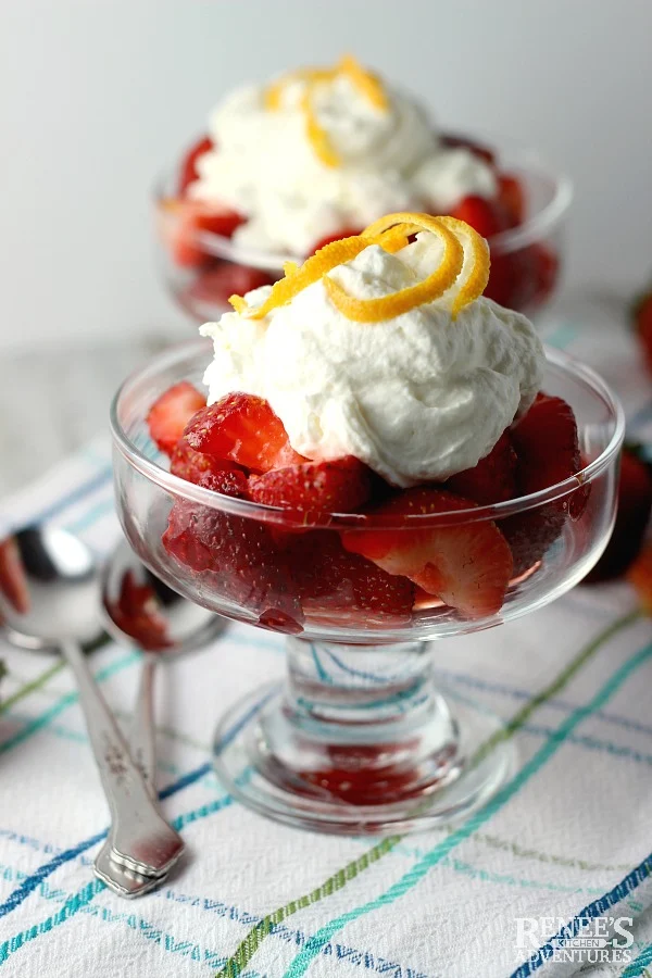 Strawberries Romanoff | Renee's Kitchen Adventures in glasses (2) one in front and one in back ready to serve