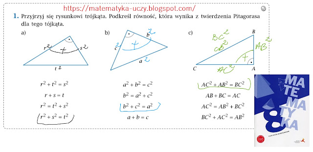 ćw. 1, 2 i  3 str. 34 "Matematyka z plusem 8" - Twierdzenie Pitagorasa (zeszyt ćwiczeń podstawowych )