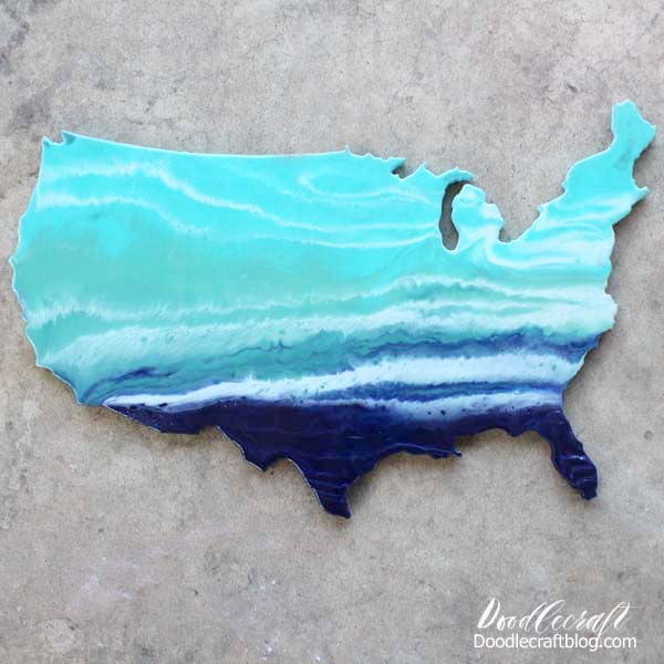 Resin paint pour ocean waves across the United States wood cut out