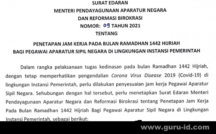 Surat Edaran Menpan Rb No 9 Tahun 2021 Tentang Jam Kerja Asn Pada Bulan Ramadhan 1442 Hijriah Info Pendidikan Terbaru