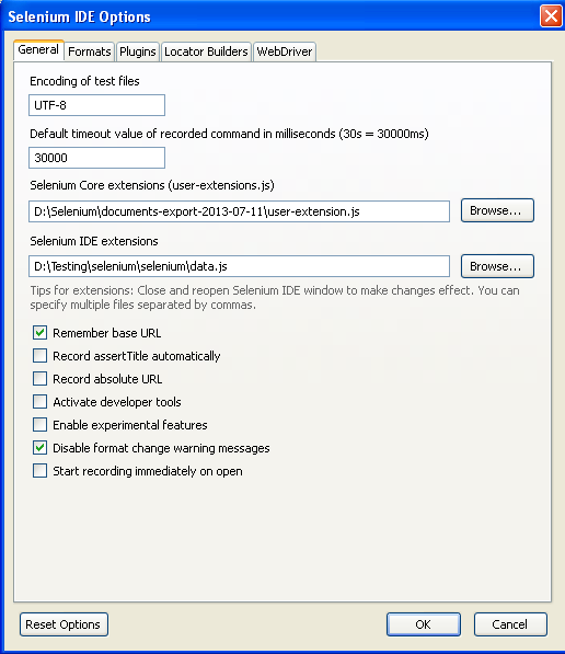 Selenium IDE Understanding General Settings Of Options Window