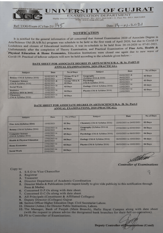 UOG Date Sheet BA BSc 2020 All Pakistan Exam Results