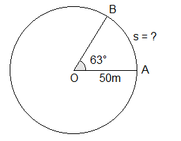 A circle with centre O, radius OA = 50 m and ∠AOB = 63°