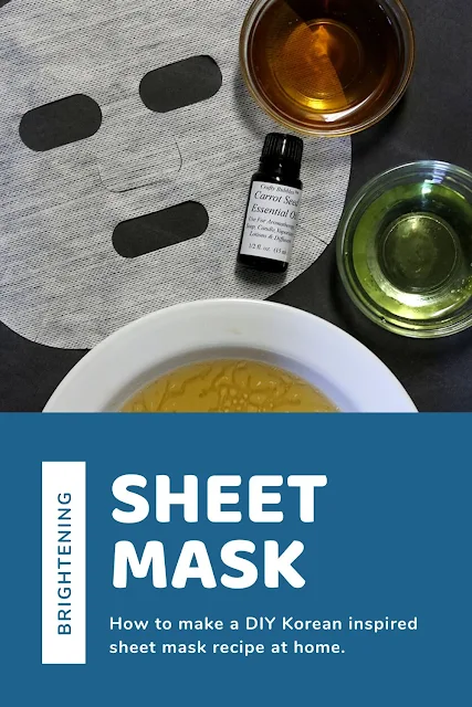 How to make a brightening sheet mask DIY at home. This natural skin care facial is inspired by Korean beauty.  It has green tea and essential oils and a carrier oil for a brightening face mask.  This is the best sheet mask recipe for brighter looking skin with products you can make at home. #sheetmask #diy #recipe #essentialoils