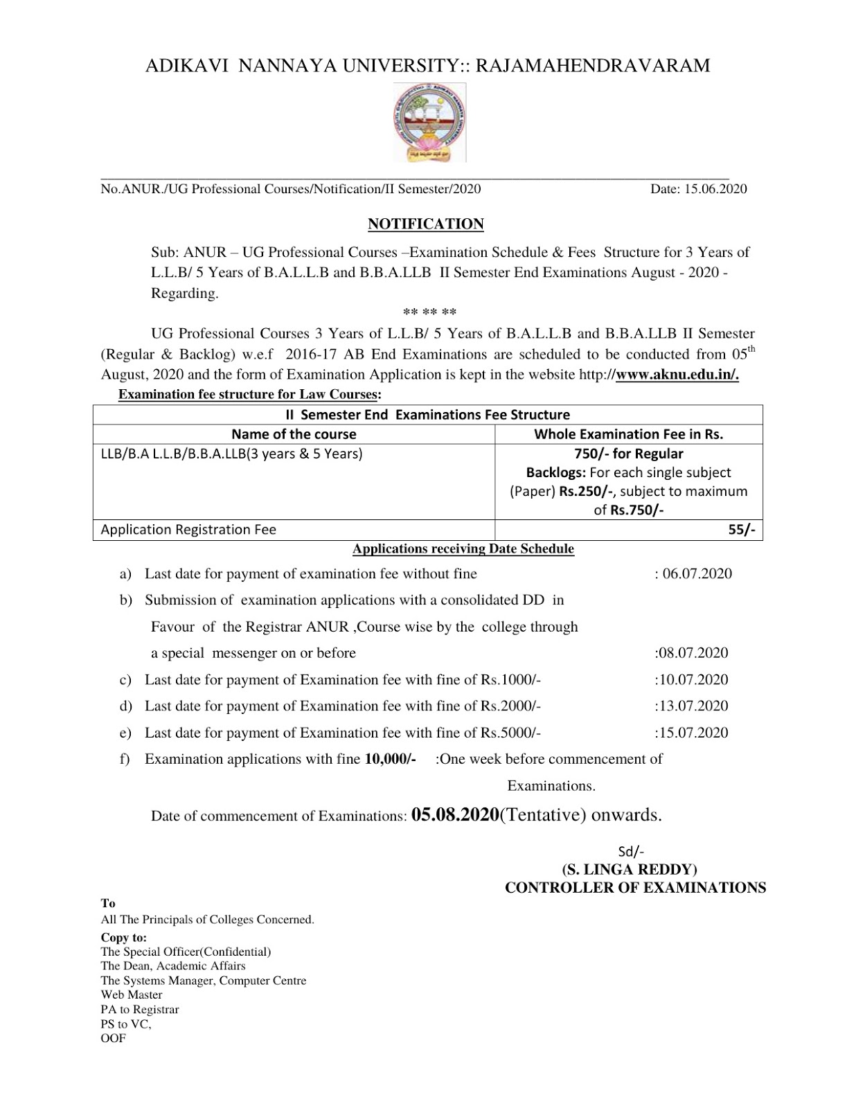 adk nannaya university ug llb 3rd  & 5th year 2nd sem reg & backlog july 2020 fee notification