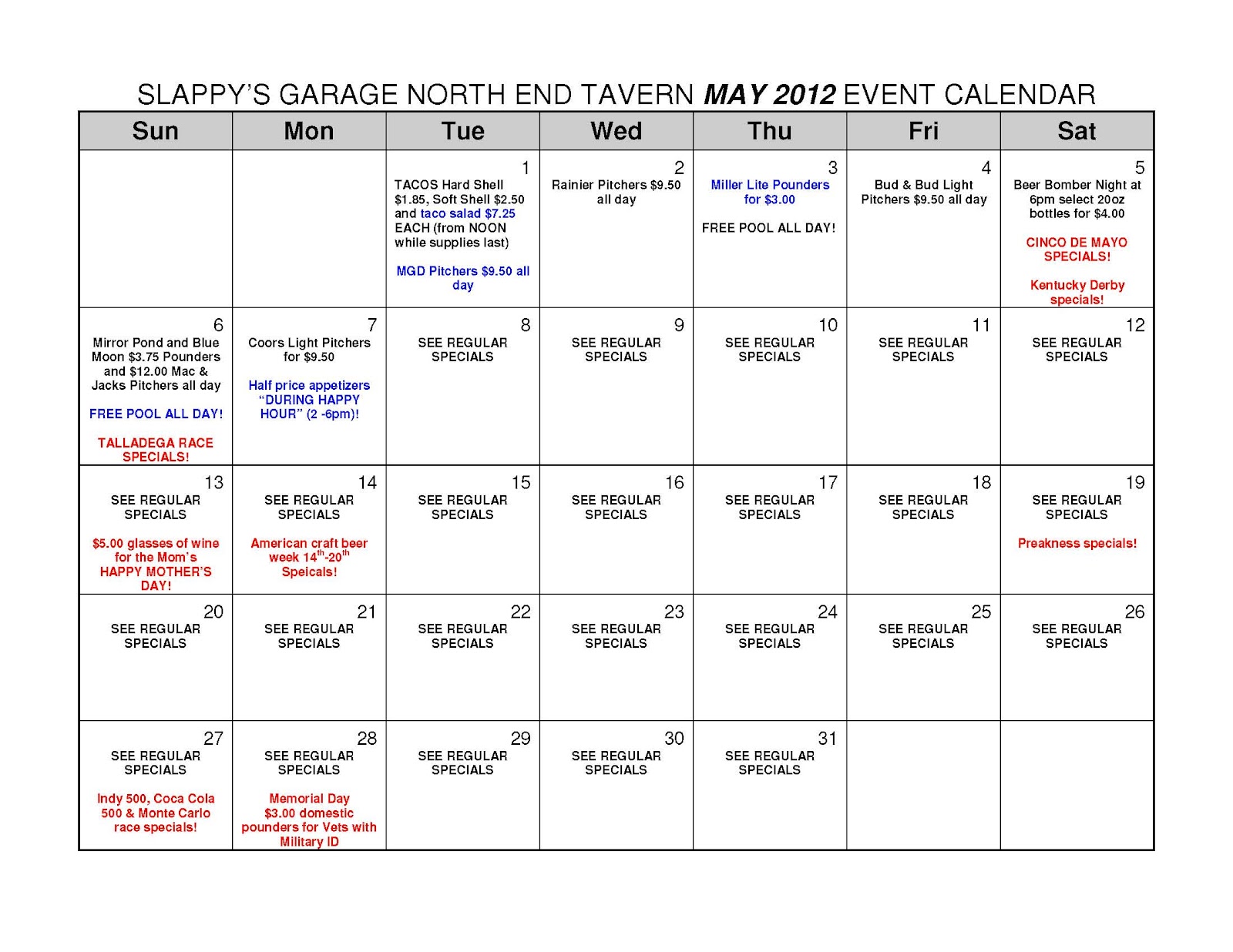 Slappy's Garage North End Tavern May Calendar of Events