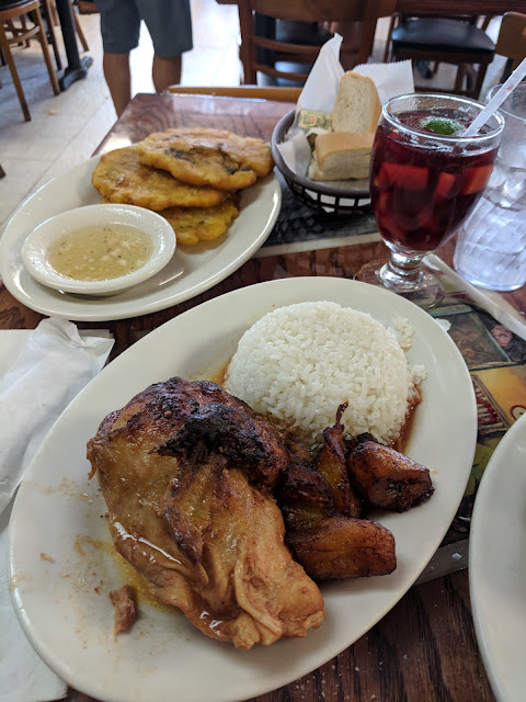 Chicken and plantains meal with sangria at Puerto Sagua in Miami South Beach