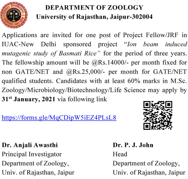 University Rajasthan Animal Sciences/Microbiology Project Vacancy