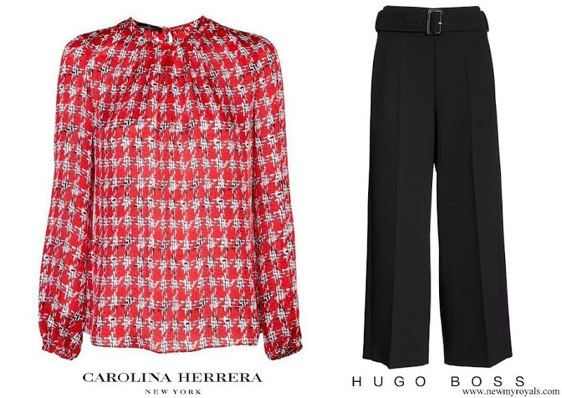 Queen Letizia wore Carolina Herrera red houndstooth Blouse and Hugo Boss Safashy1 trousers